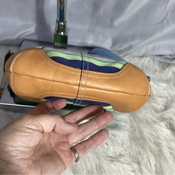 SOLD……COACH Blue Green Striped w/ Tan Leather Shoulder Bag L2J-9514 EUC - Picture 6 of 10